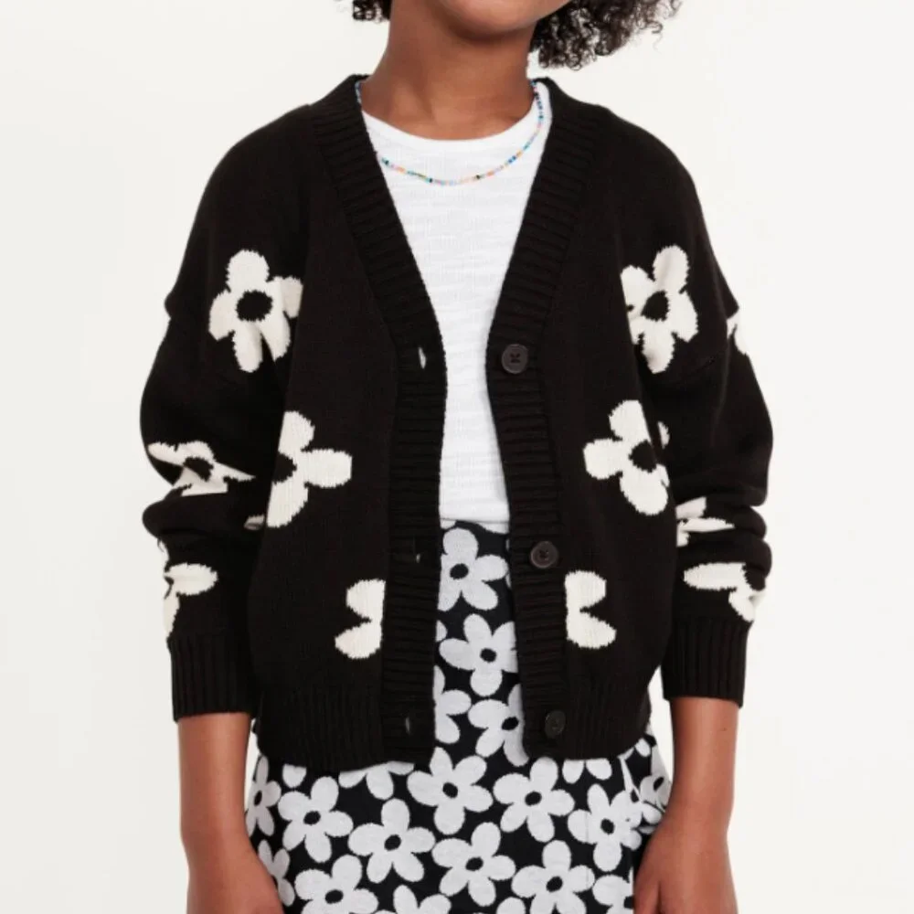 Old Navy Girls Black White Daisy Floral Button-Front Knit Cardigan Sweater Large